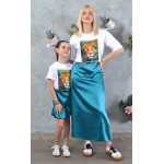 SS25-set  4 τεμαχίων Γυναικείο & Παιδικό Φούστα Σατέν  Πετρόλ & Μπλούζες Nature Leopard