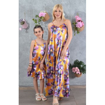 Φόρεμα Σατέν Orange Floral (σετ 2 τεμαχίων Γυναικείο & Παιδικό) 