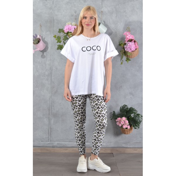 SS25-set (2 τεμαχίων) Γυναικείο Κολάν Green-White Leopard & μπλούζα Boxy Coco Paris
