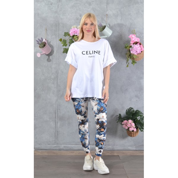 SS25-set (2 τεμαχίων) Γυναικείο Κολάν Blue Floral & μπλούζα Celine