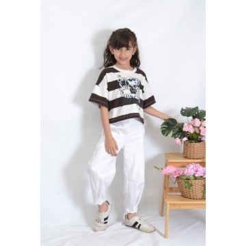 SS26-set  2 τεμαχίων Παιδικό Παντελόνι Buggy  Καπαρντίνα Λευκό & Μπλούζα Boxy Ριγέ Καφέ SNOOPY