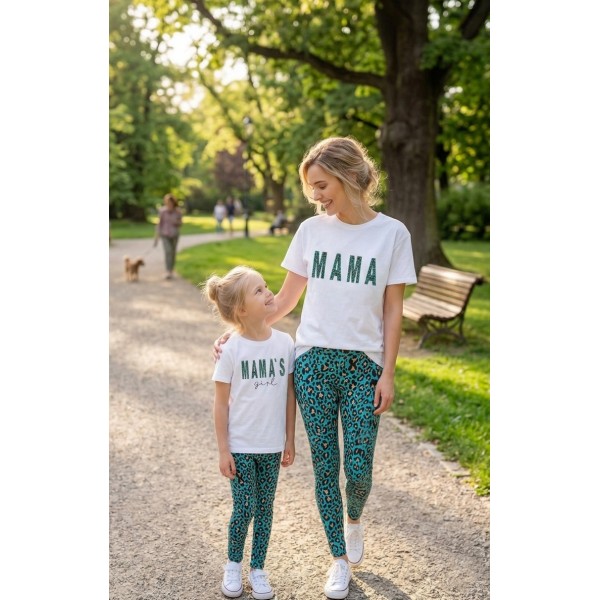 SS26 Set Γυναικείο & Παιδικό Κολάν Petrol Leopard και Μπλούζες Mama-Mama's Girl 