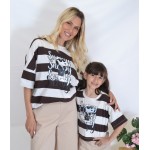 SS26-set  4 τεμ. Γυναικείο & Παιδικό Παντελόνι Baggy Καπαρντίνα Λευκό & Μπλούζα Boxy Ριγέ Καφέ SNOOPY