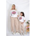 SS26-set  4 τεμ. Γυναικείο & Παιδικό Παντελόνι Baggy Καπαρντίνα Μπεζ & Μπλούζα Boxy Barbie Leopard