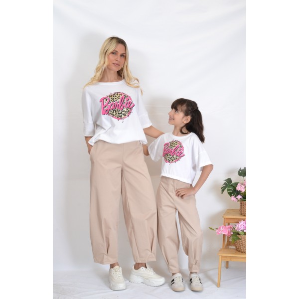 SS26-set  4 τεμ. Γυναικείο & Παιδικό Παντελόνι Baggy Καπαρντίνα Μπεζ & Μπλούζα Boxy Barbie Leopard