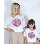SS26-set  4 τεμ. Γυναικείο & Παιδικό Παντελόνι Baggy Καπαρντίνα Μπεζ & Μπλούζα Boxy Barbie Leopard