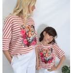 SS26-set  4 τεμ. Γυναικείο & Παιδικό Παντελόνι Baggy Καπαρντίνα Λευκό & Μπλούζες Boxy Ριγέ Κόκκινο Tiger Red Flowers