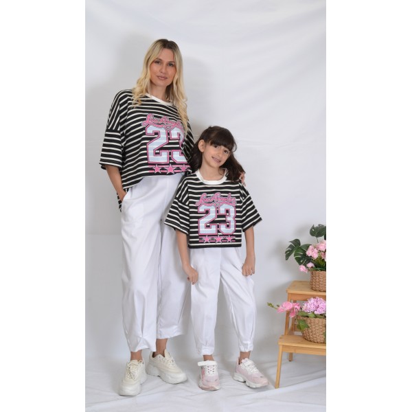 SS26-set  4 τεμ. Γυναικείο & Παιδικό Παντελόνι Baggy Καπαρντίνα Λευκό & Μπλούζα Boxy Ριγέ Ασπρόμαυρο 23 Los Angeles
