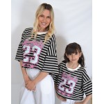 SS26-set  4 τεμ. Γυναικείο & Παιδικό Παντελόνι Baggy Καπαρντίνα Λευκό & Μπλούζα Boxy Ριγέ Ασπρόμαυρο 23 Los Angeles