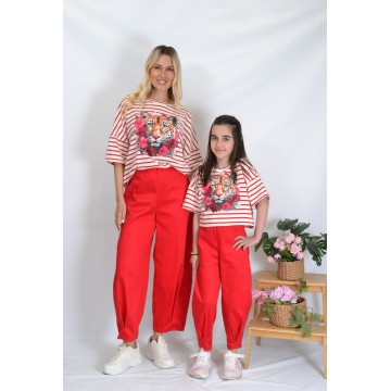 SS26-set  4 τεμ. Γυναικείο & Παιδικό Παντελόνι Baggy Punto Κόκκινο & Μπλούζες Boxy Ριγέ Κόκκινο Tiger Red Flowers