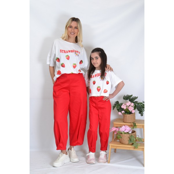SS26-set  4 τεμ. Γυναικείο & Παιδικό Παντελόνι Baggy Punto Κόκκινο & Μπλούζες Boxy Strawberries