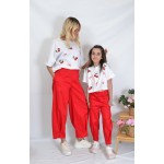 SS26-set  4 τεμ. Γυναικείο & Παιδικό Παντελόνι Baggy Punto Κόκκινο & Μπλούζες Boxy Κερασάκια