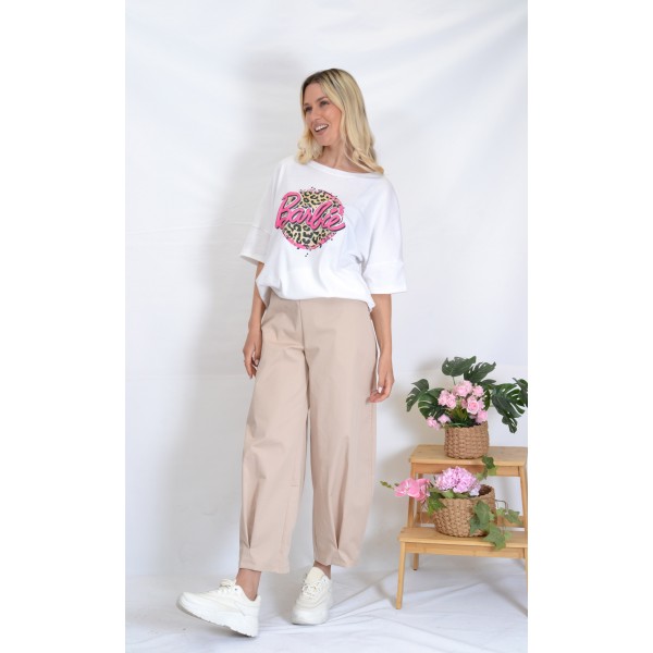 SS26-set  2 τεμ. Γυναικείο Παντελόνι Buggy  Καπαρντίνα Μπεζ & Μπλούζα Boxy Ριγέ Καφέ Barbie Leopard