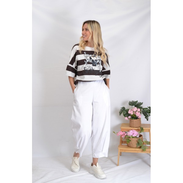 SS26-set  2 τεμ. Γυναικείο Παντελόνι Buggy  Καπαρντίνα Λευκό & Μπλούζα Boxy Ριγέ Καφέ SNOOPY