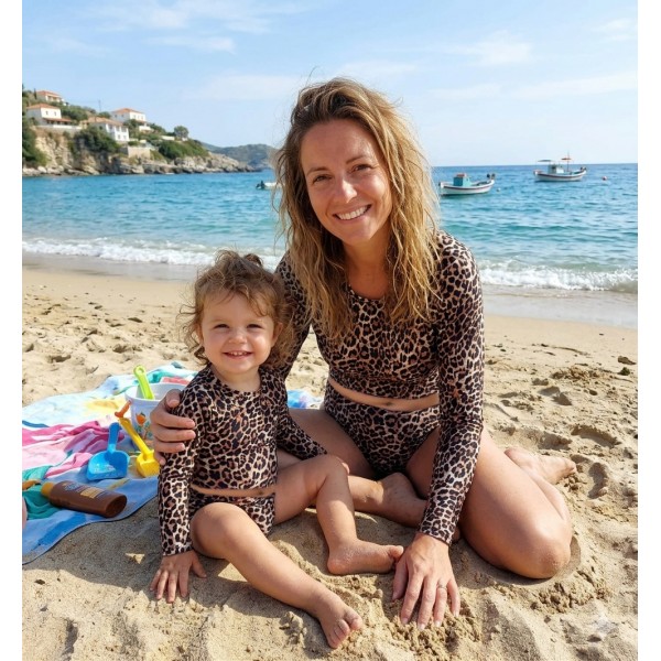Μπικίνι  Μακρυμάνικο  Σετ  Brown Leopard (2 τεμάχια: γυναικείο+παιδικό)
